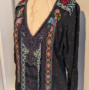 Johnny Was Black Floral Embroidered Peasant Tunic Top